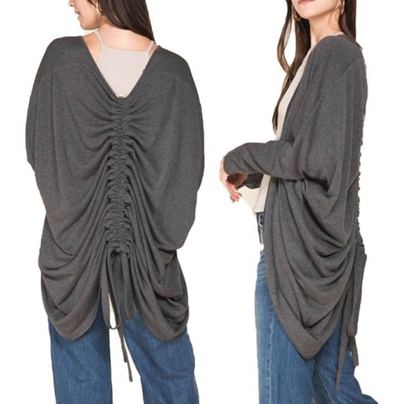 Gray Long Gathered Back Open Circle Hem Cardigan - Picture 7 of 8